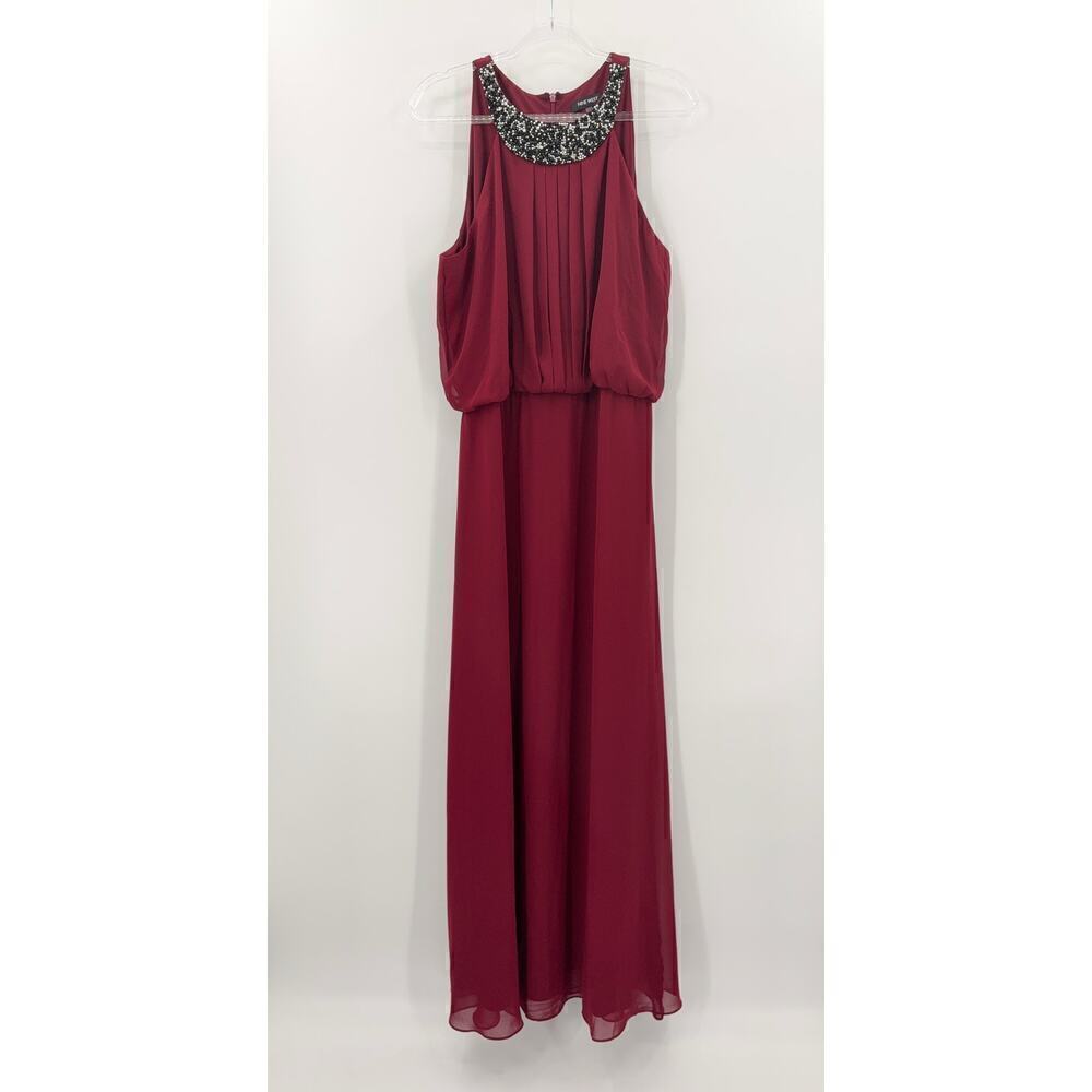 H9 Nine West Burgundy Beaded Maxi Dress‎ Womens 16 Formal Chiffon Gown
